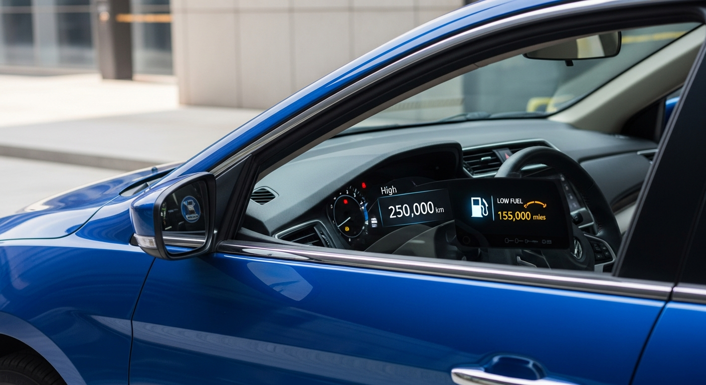 "A modern sedan with a dashboard showing excellent mileage, representing top fuel-efficient sedans in India.".