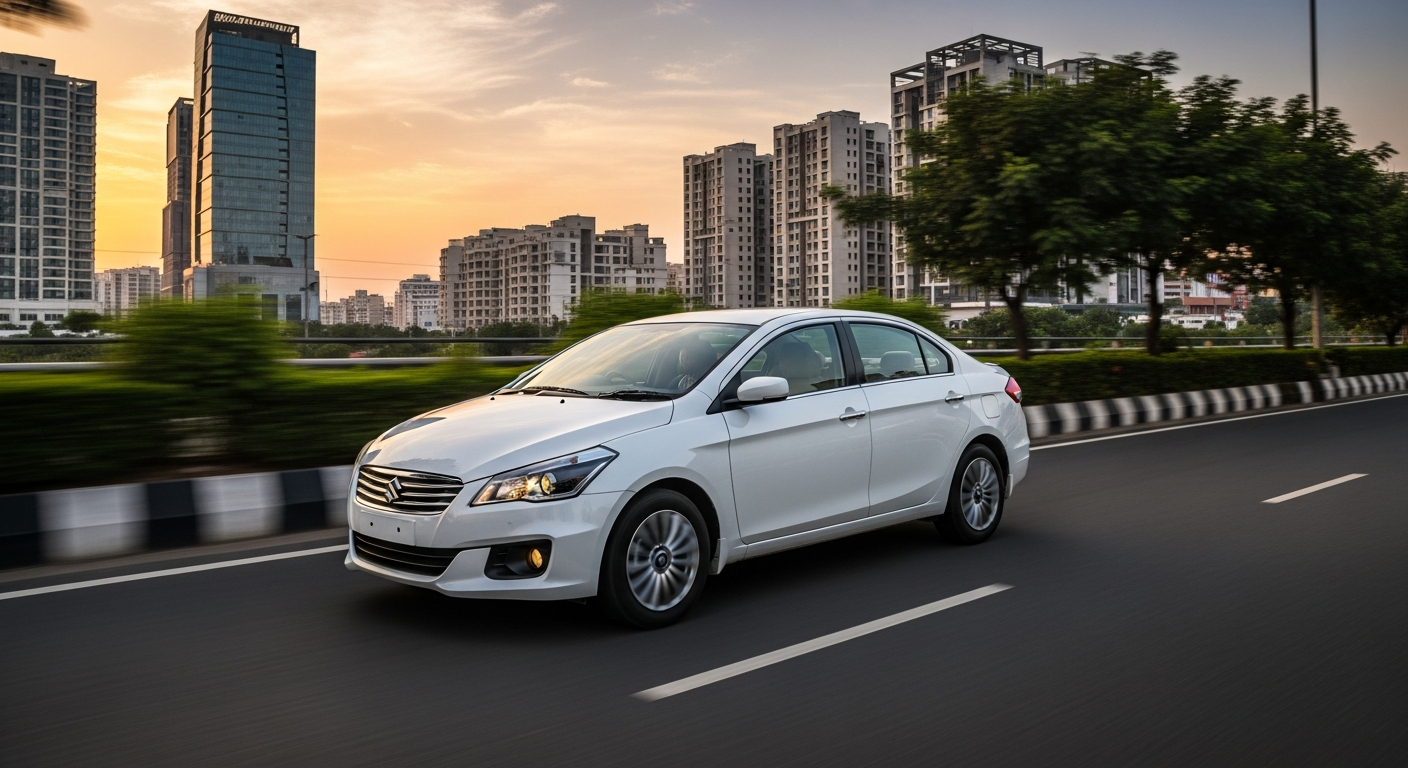 "A modern white sedan glides effortlessly on a smooth city road in India at sunset, emphasizing its elegance and urban suitability."